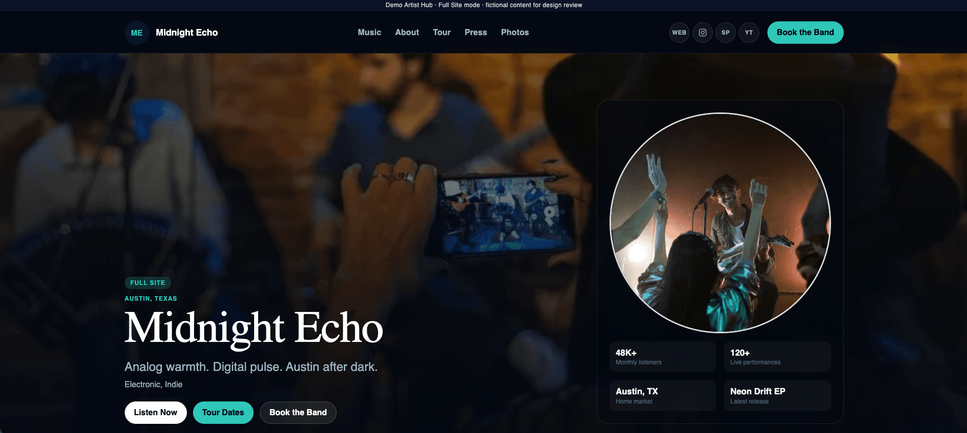 Illustrative artist hub for a public-facing artist experience