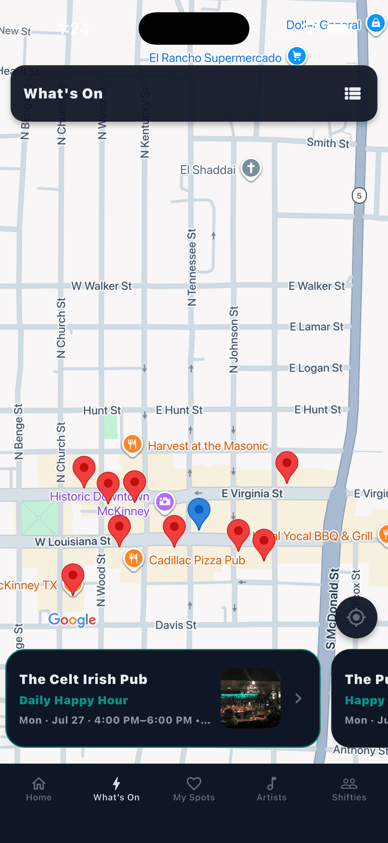 Shiftly app map showing nearby places and activities
