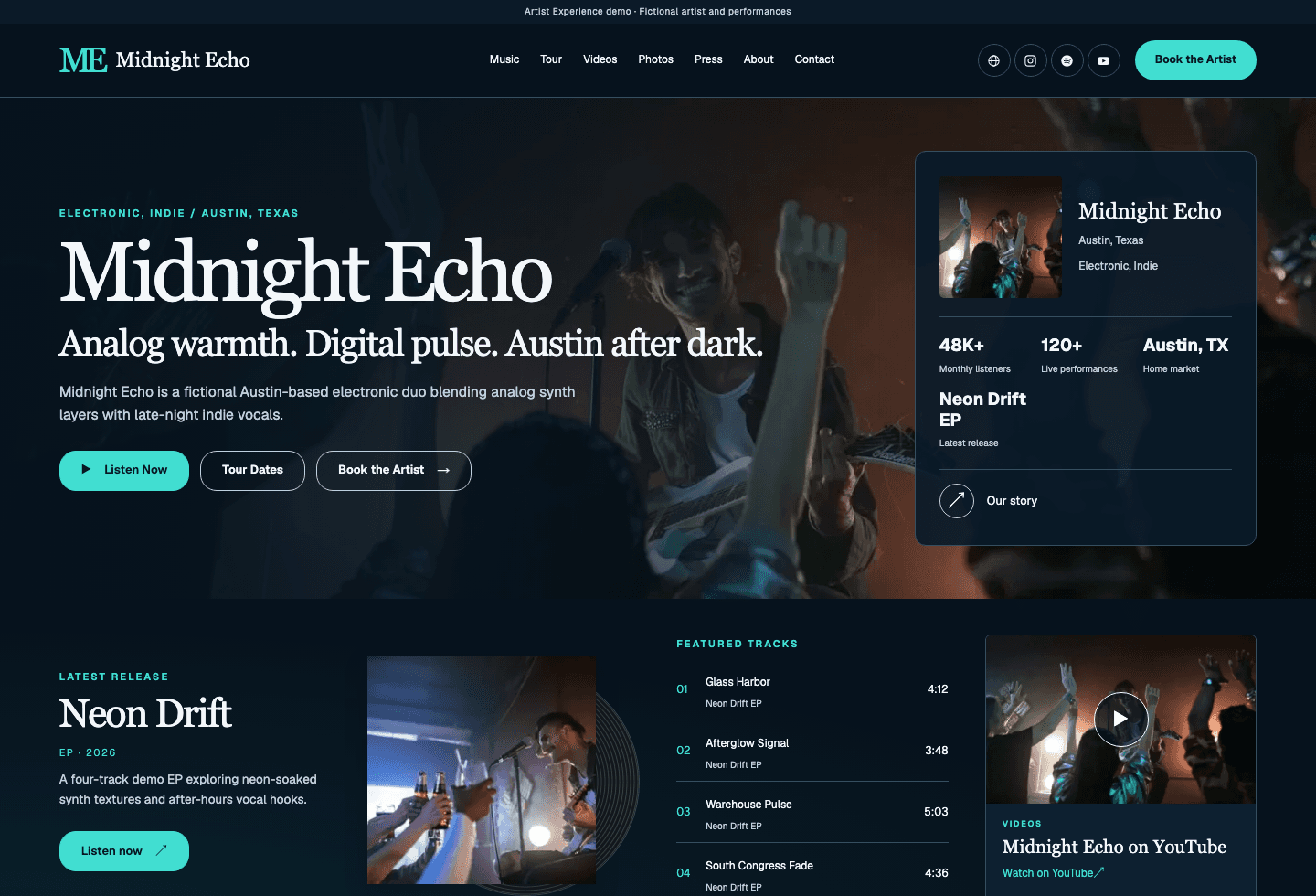 Midnight Echo artist experience in the dark theme
