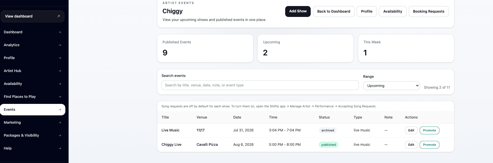 Artist content tools for publishing events and availability