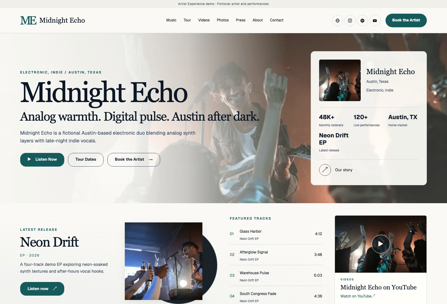 Midnight Echo public artist experience in the light theme