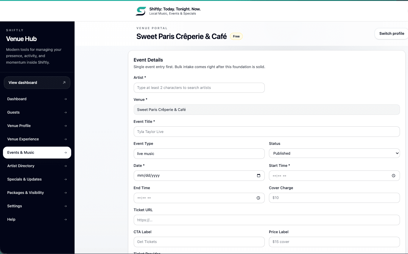 Venue event publishing interface
